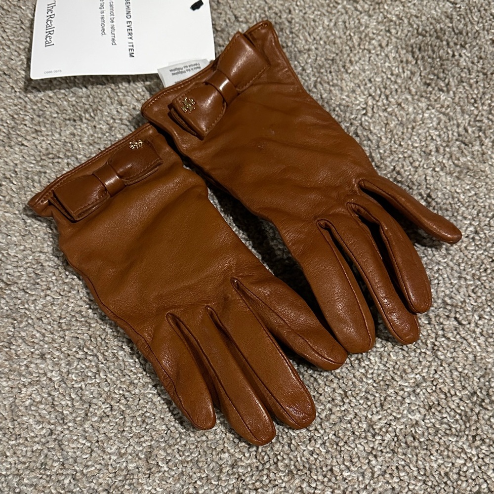 Tory Burch Brown Leather Gloves with Bow Detail